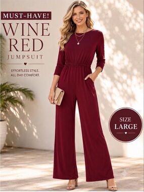 Popana Wine Red colored Jumpsuit w keyhole back & 3/4 sleeves SZ L elastic waist